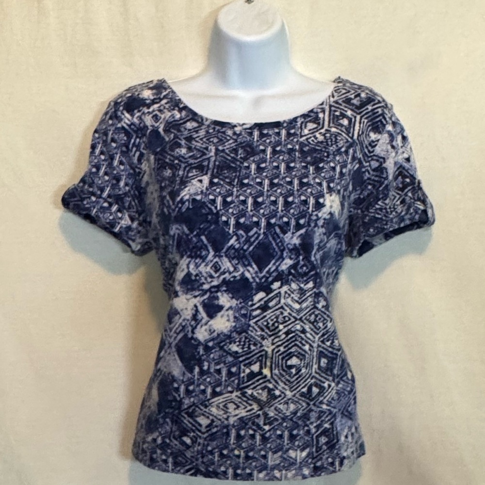 H-16 Ruby Rd. Blue & White‎ Short Sleeve Pullover Blouse Size M
